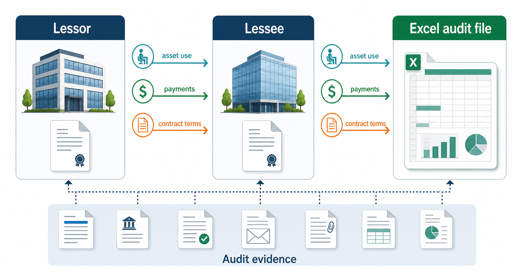 Flow diagram showing the lessor providing an asset, the lessee using the asset, lease payments going to the lessor, and audit evidence flowing into Excel.