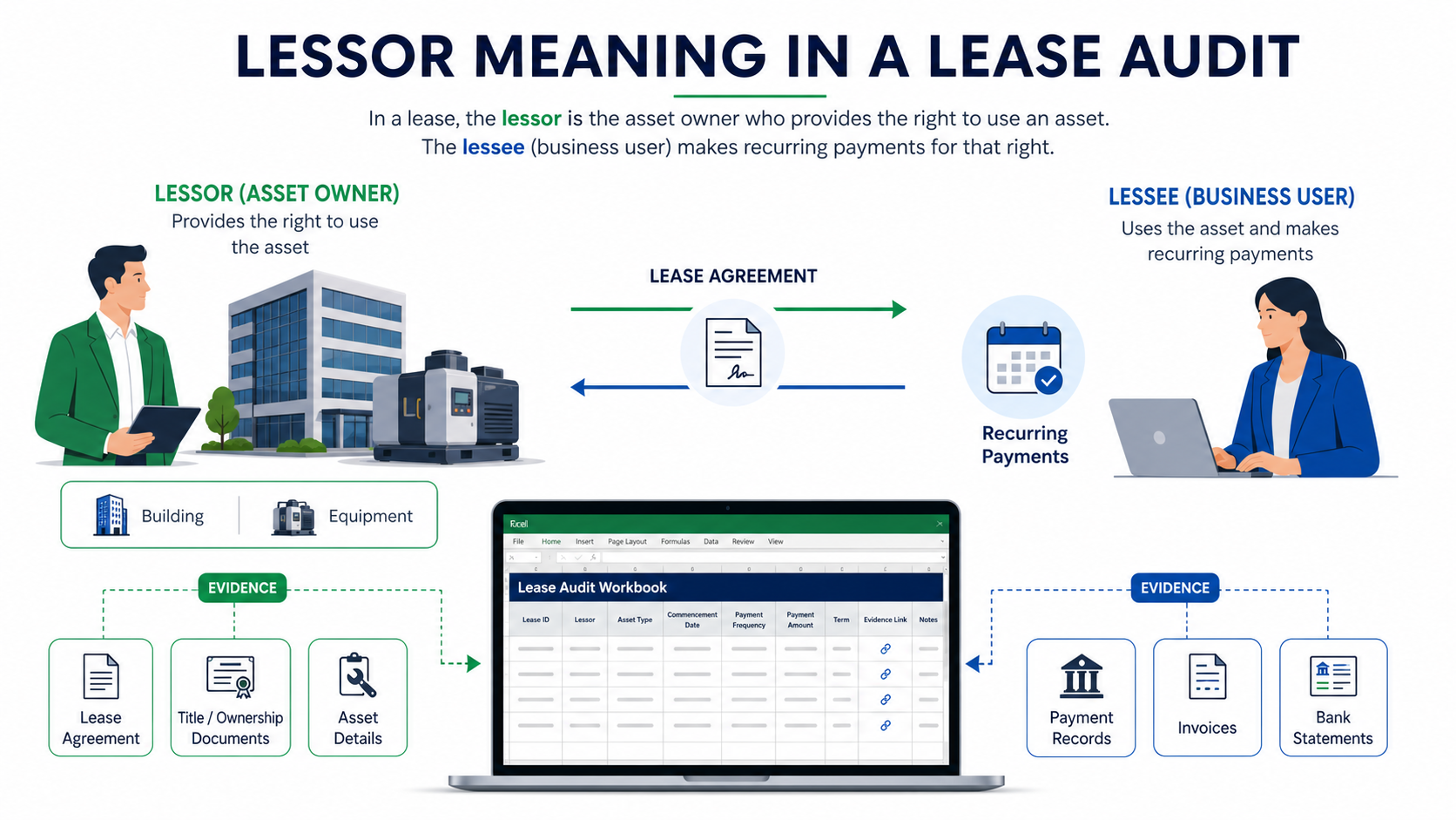 Lessor lease audit flow showing an asset owner, a lessee, payment flow, and Excel evidence links.