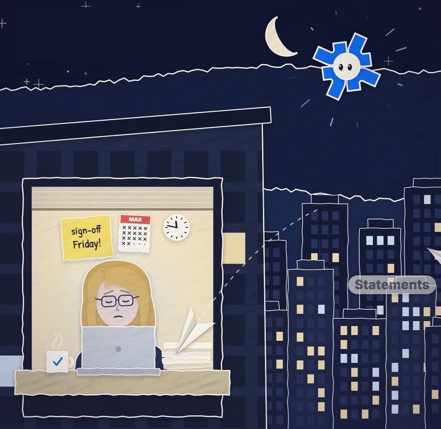 Léa spätabends an ihrem Schreibtisch am Fenster, hinter ihr die erleuchtete Stadt und der Moulinet am Himmel
